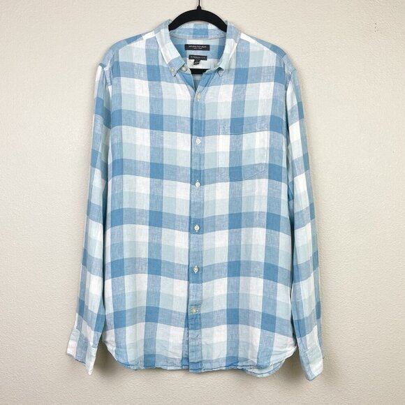 Banana Republic Men's Large Camden Fit 100% Linen Plaid Shirt Collare Button Blu - Picture 1 of 16
